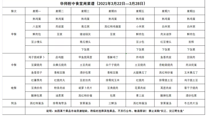 潛江德風(fēng)高級中學(xué)食堂周菜譜2021年3月22日-3月28日